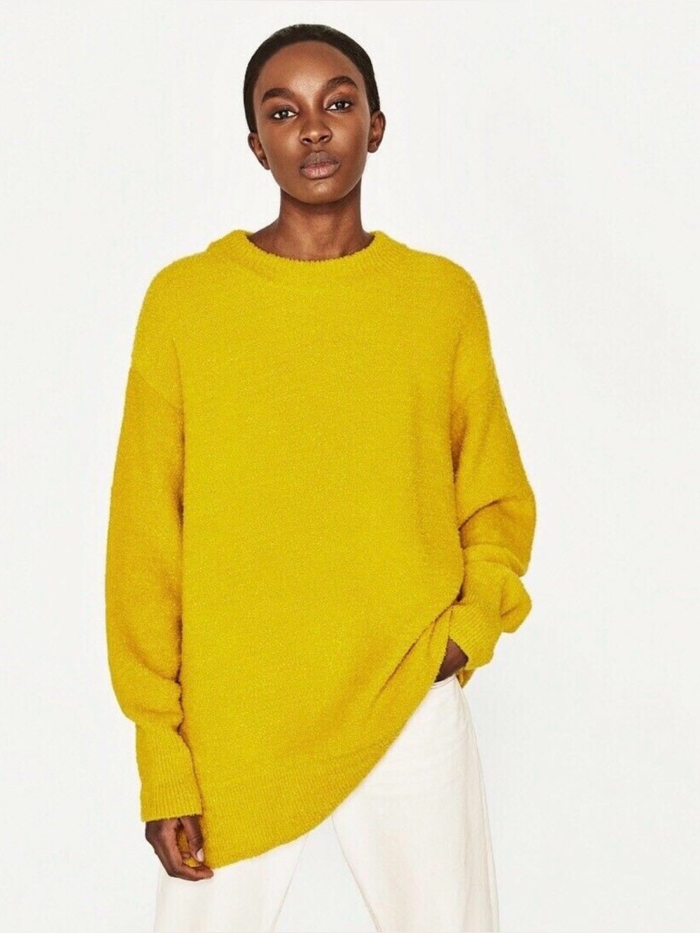 Zara Knit Oversized Mustard Yellow Crewneck Knit Sweater, S